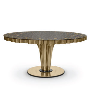 contemporary dining table / glass / polished brass / round