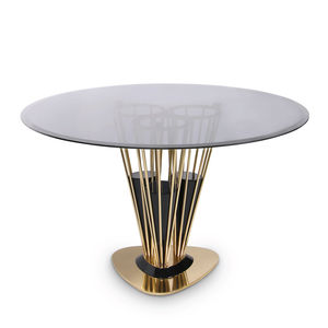contemporary dining table / walnut / smoked glass / polished brass