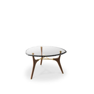 Scandinavian design side table / tempered glass / brass base / walnut base