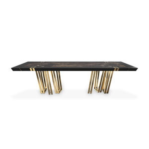 contemporary dining table / lacquered wood / polished brass / marble