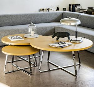 contemporary coffee table / metal / leather / round