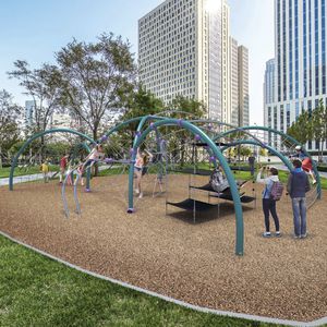 climbing structure with trampoline