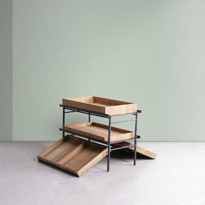 free-standing display rack / food / metal / oak