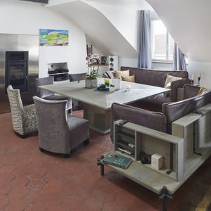 contemporary dining table / oak / natural stone / wooden base