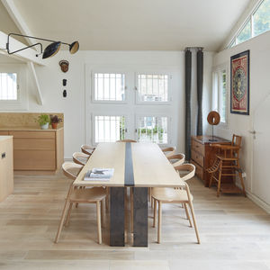 contemporary dining table / oak / sheet steel / oak base