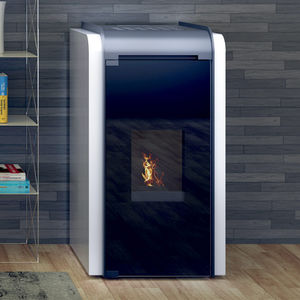 pellet boiler stove / steel / chrome / glass