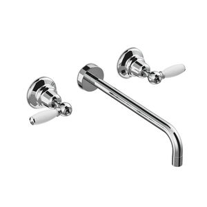double-handle washbasin mixer tap / wall-mounted / chromed metal / bathroom