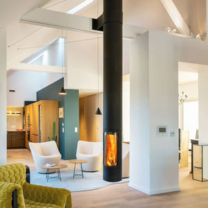 hanging fireplace / wood-burning / contemporary / closed hearth