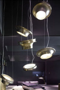 pendant lamp / original design / brass / tempered glass facing