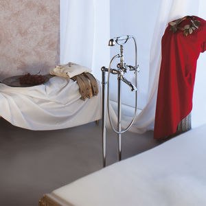 double-handle shower mixer tap / for bathtubs / floor-mounted / chromed metal