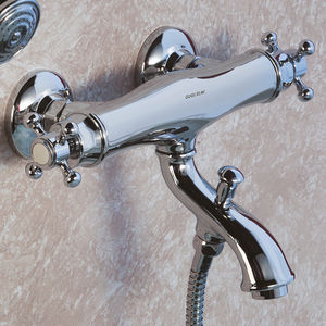 double-handle bathtub mixer tap / wall-mounted / chromed metal / thermostatic