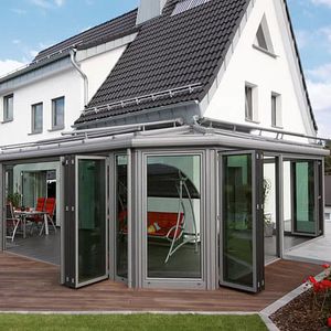 sliding patio door / folding / aluminum / wooden