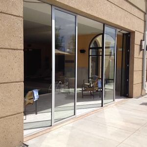sliding and stacking patio door / aluminum / wooden / double-glazed