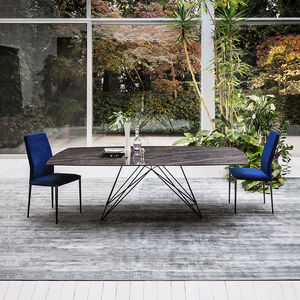 contemporary dining table / glass / steel / ceramic