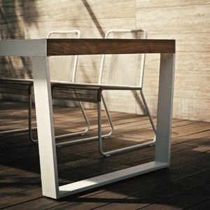 contemporary dining table / teak / stainless steel / stainless steel base