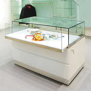 contemporary display case / glass / wooden / low