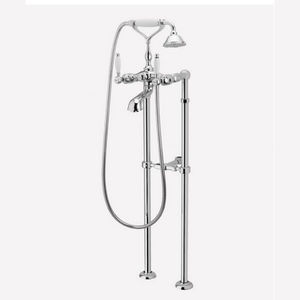 double-handle bathtub mixer tap / floor-mounted / chromed metal / bathroom