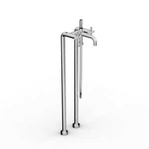 double-handle bathtub mixer tap / floor-mounted / chromed metal / bathroom