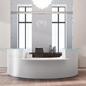 semicircular reception desk / wooden / glass