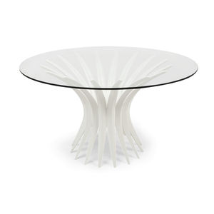 contemporary table / tempered glass / mahogany base / round