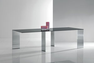 contemporary table / glass / stainless steel / stainless steel base