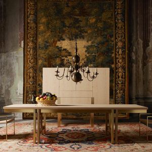 contemporary dining table / wooden / brass / rectangular