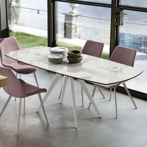 contemporary dining table / tempered glass / porcelain stoneware / brushed metal base