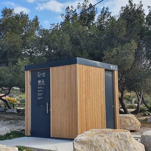 wooden public toilet