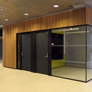 wooden suspended ceiling / strip / acoustic / flame-retardant