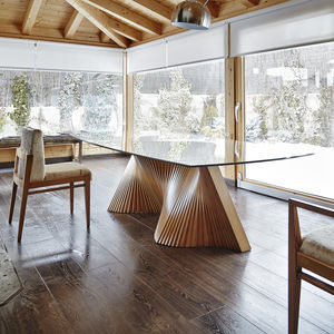 contemporary dining table / glass / wooden base / custom