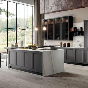 contemporary kitchen / wood veneer / smoked glass / lacquered metal