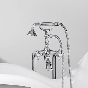 double-handle bathtub mixer tap / floor-mounted / chromed metal / brass