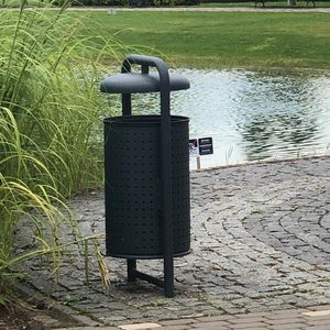 public trash can / floor-standing / galvanized steel / powder-coated steel
