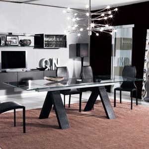 contemporary dining table / wooden / leather / tempered glass