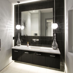 wall-hung washbasin cabinet / wooden / contemporary / with illuminated mirror