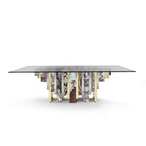 original design dining table / tempered glass / polished brass base / rectangular