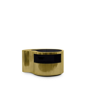 original design bedside table / wooden / polished brass / glass