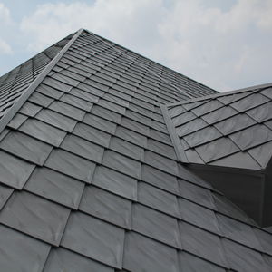 flat roof tile / metal / gray / covered with stone granules