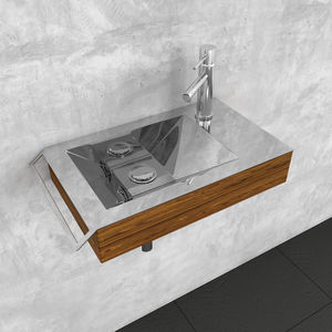 wall-mounted washbasin / rectangular / wooden / stainless steel