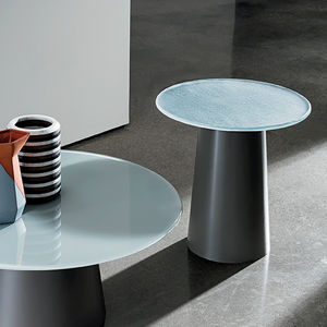 contemporary side table / wooden / tempered glass / stainless steel