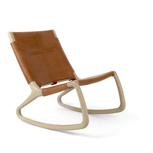 contemporary fireside chair / leather / oak / sled base