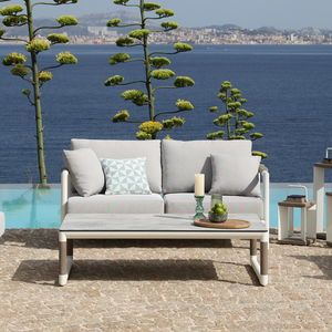contemporary sofa / outdoor / acrylic fabric / teak