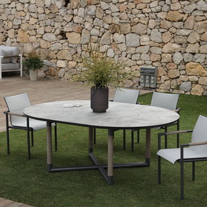 contemporary table / HPL / aluminum base / teak base
