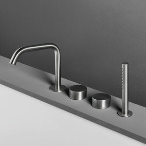 double-handle bathtub mixer tap / deck-mounted / stainless steel / bathroom