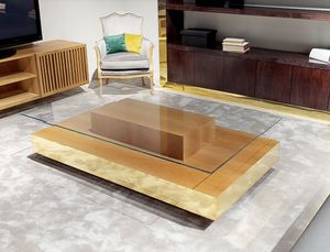contemporary coffee table / tempered glass / stainless steel base / polished brass base
