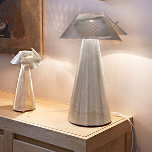 table lamp / contemporary / polished stainless steel / halogen