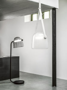 floor-standing lamp / contemporary / wooden / blown glass