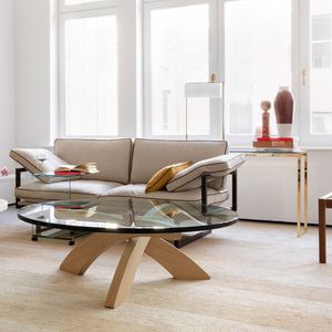 contemporary coffee table / glass / walnut base / circular