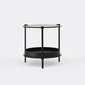 contemporary side table / oak / glass / powder-coated steel base