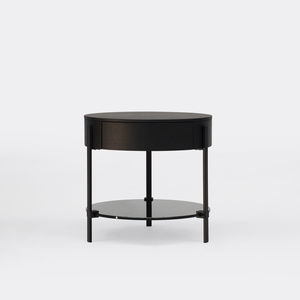 contemporary side table / oak / glass / powder-coated steel base